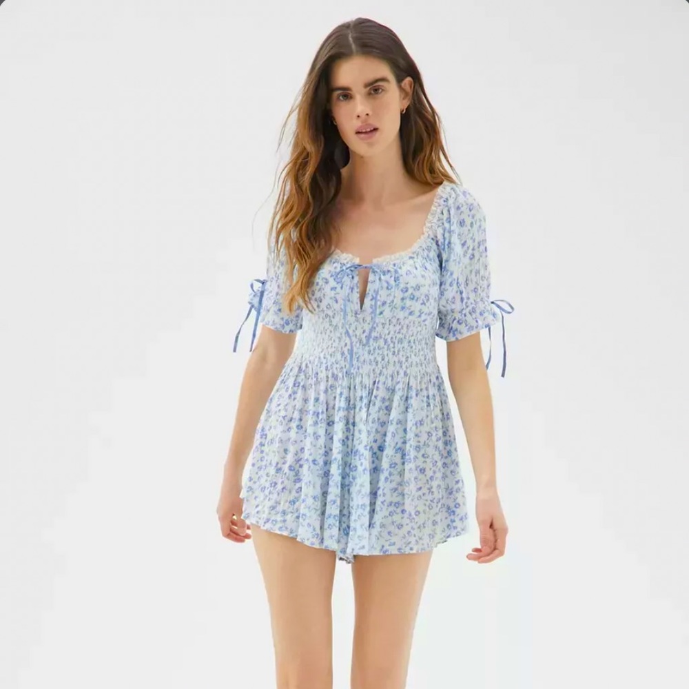 Urban Outfitters White and Blue Floral Romper